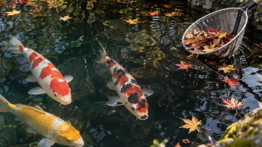 Orange-and-white koi swimming beneath floating autumn leaves as a pond net lifts leaves from the surface.