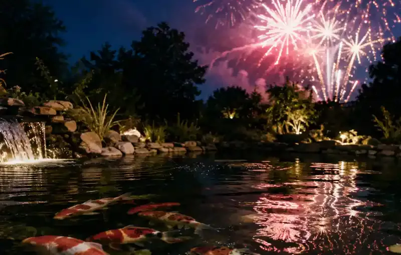 Koi Fireworks display near pond