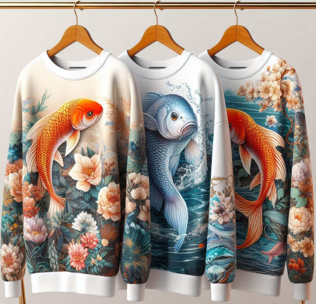 Three Koi Sweaters on a Rack