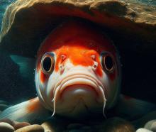 A scared Koi fish hides under a rock